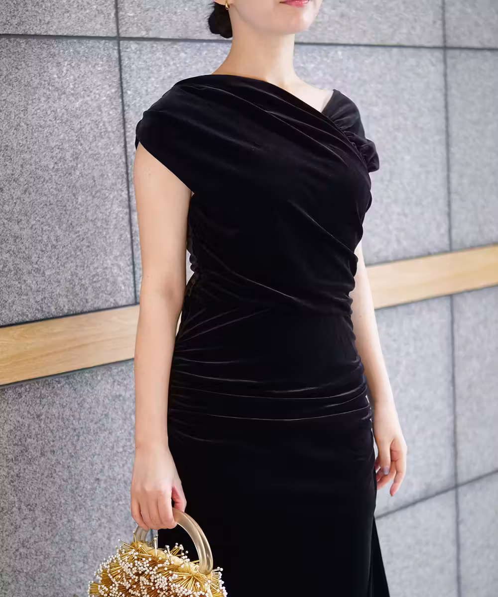 アシメルーシュベルベットミディドレス画像_1795 - モデル身長：159cm
