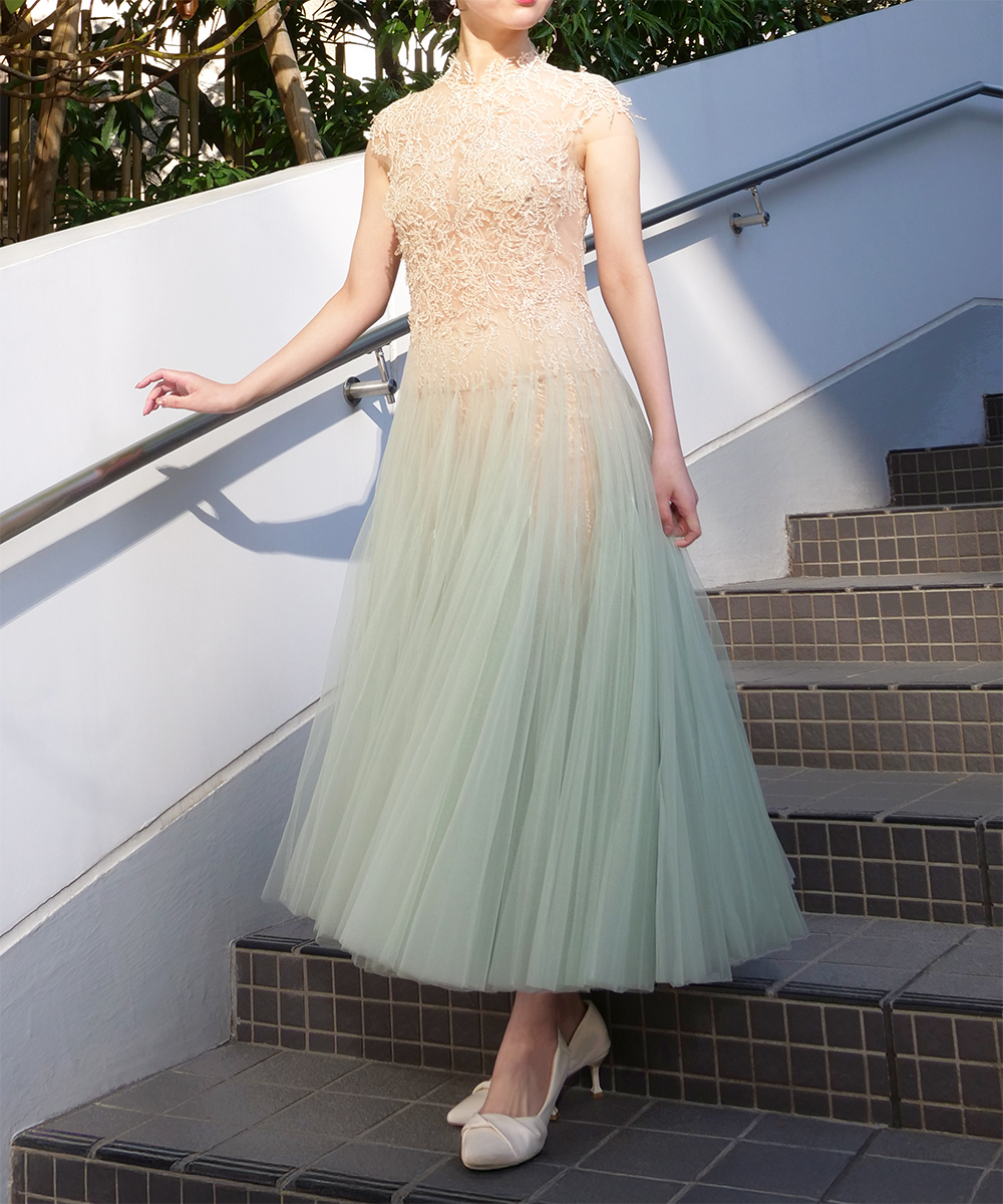 ミントオンブレカットアウトレースドレス画像_1873 - モデル身長：159cm