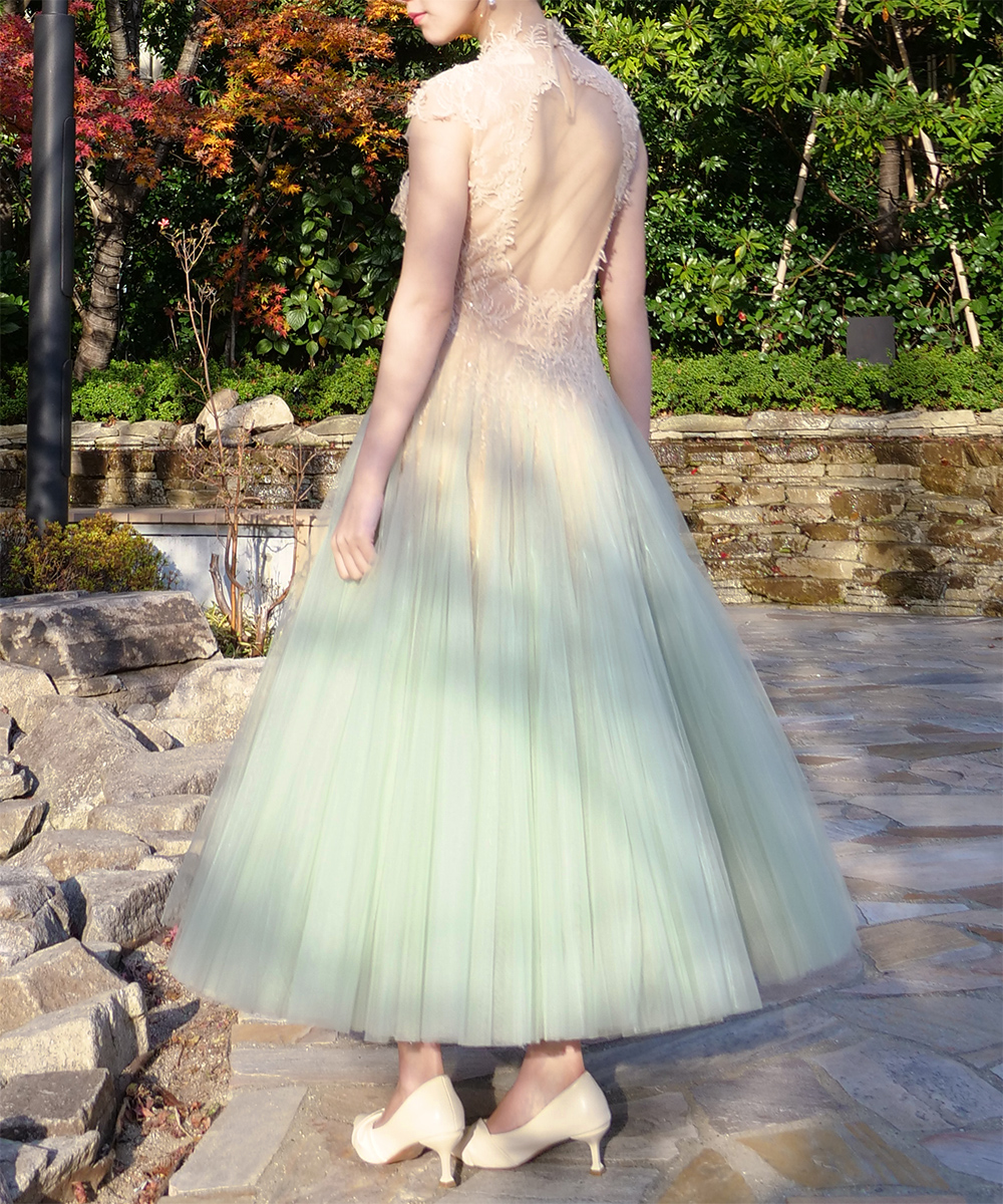 ミントオンブレカットアウトレースドレス画像_1874 - モデル身長：159cm