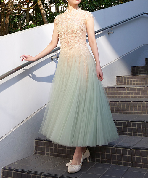 ミントオンブレカットアウトレースドレス